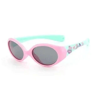 Oval pink sunglasses with mint green arms, dark lenses, and playful pattern on sides.