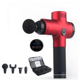 Red handheld massage gun with black grip, LCD display, multiple attachments, and carry case