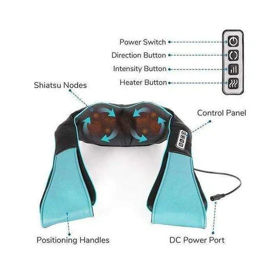 Black and teal shiatsu neck and shoulder massager with control panel and adjustable handles
