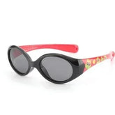 Oval black sunglasses with red arms, cartoon print, glossy finish, modern streetwear style