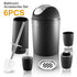 Modern black bathroom accessories set with six matte finish pieces including trash bin, soap dispenser, toothbrush holder, cup, toilet brush, and soap dish.