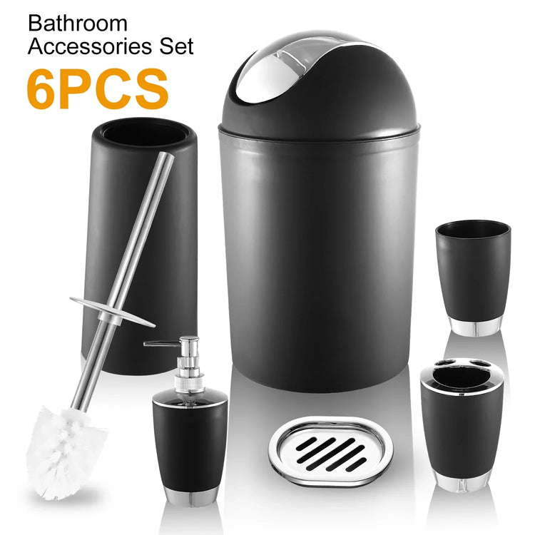 Modern black bathroom accessories set with six matte finish pieces including trash bin, soap dispenser, toothbrush holder, cup, toilet brush, and soap dish.