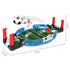 Mini tabletop soccer game with red handles, green field, and plastic goals, dimensions shown.