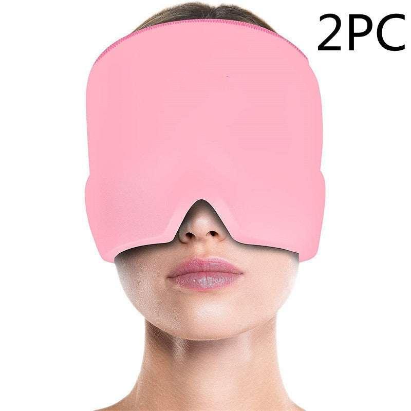 Woman wearing oversized pink sleep mask, soft fabric, full face coverage, comfortable fit
