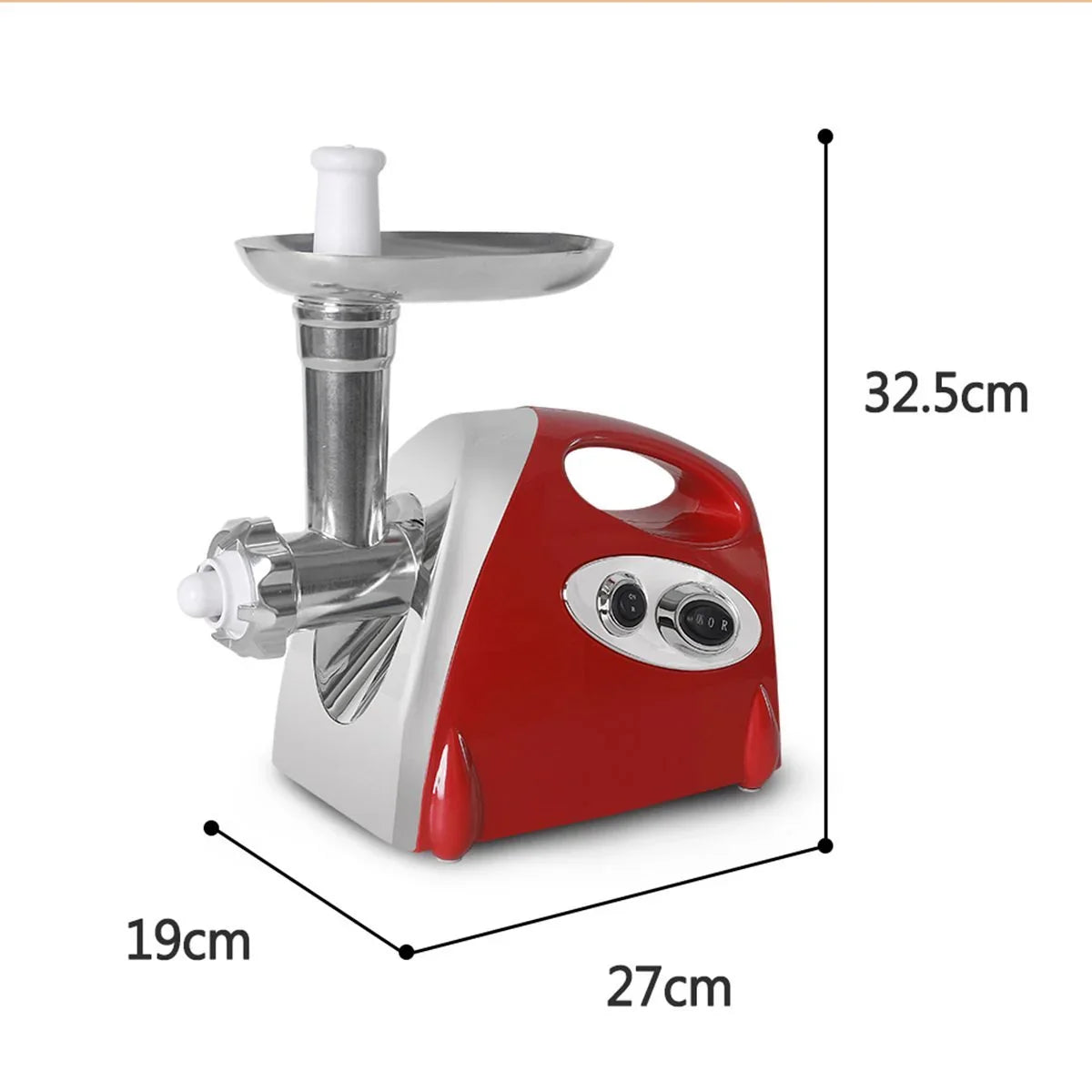 Red and silver electric meat grinder with stainless steel parts, compact countertop size