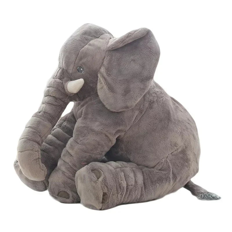 Gray plush elephant stuffed toy with soft, velvety fabric and detailed stitching