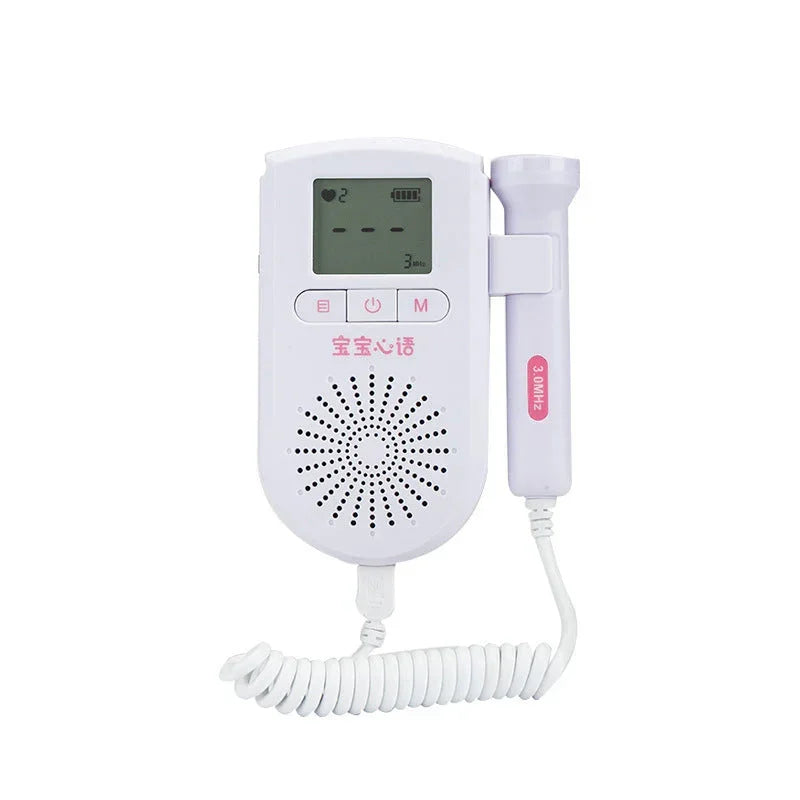 White handheld digital fetal doppler with coiled cable, LCD screen, and pink accents