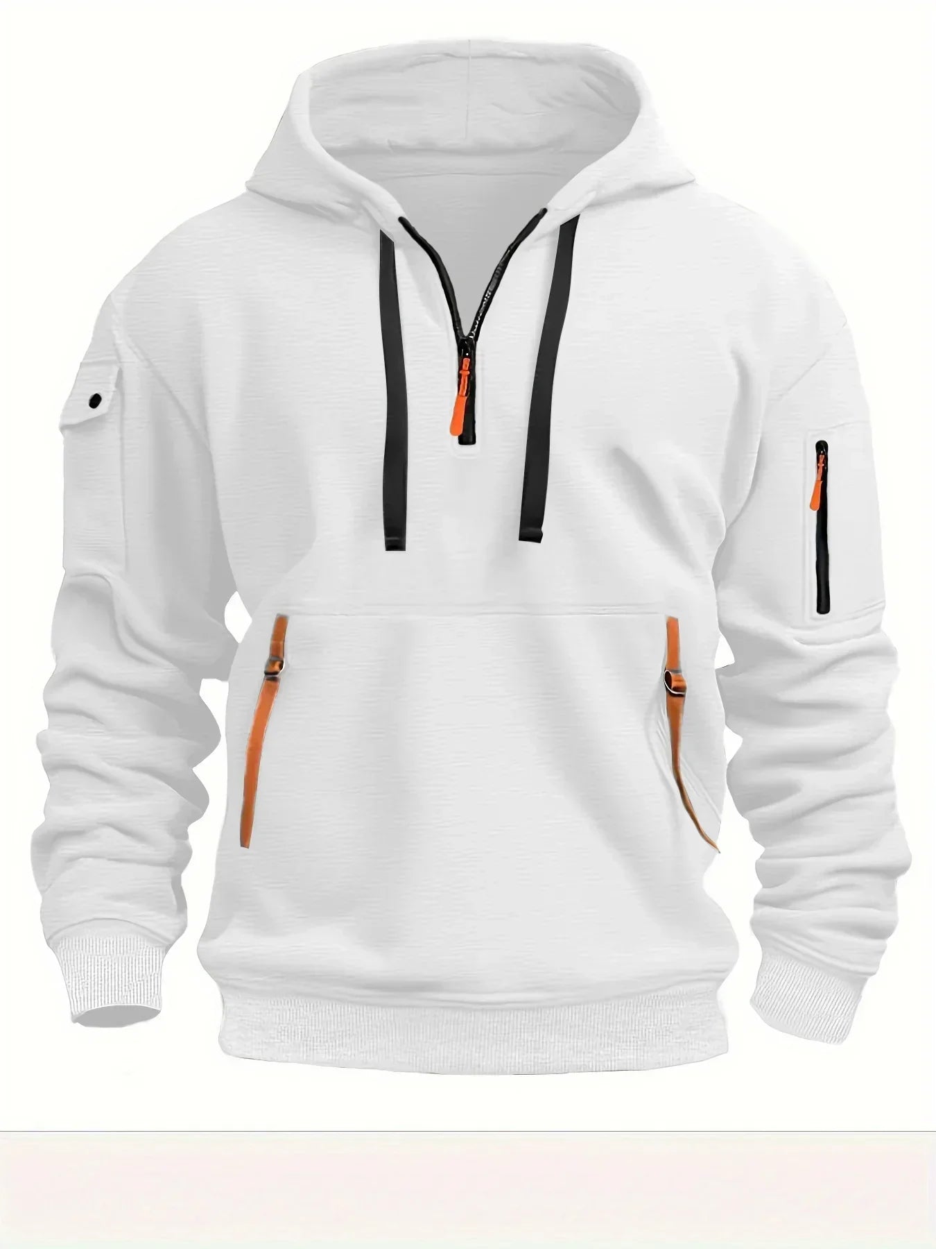 White streetwear hoodie with orange zipper accents and multiple utility pockets, relaxed fit
