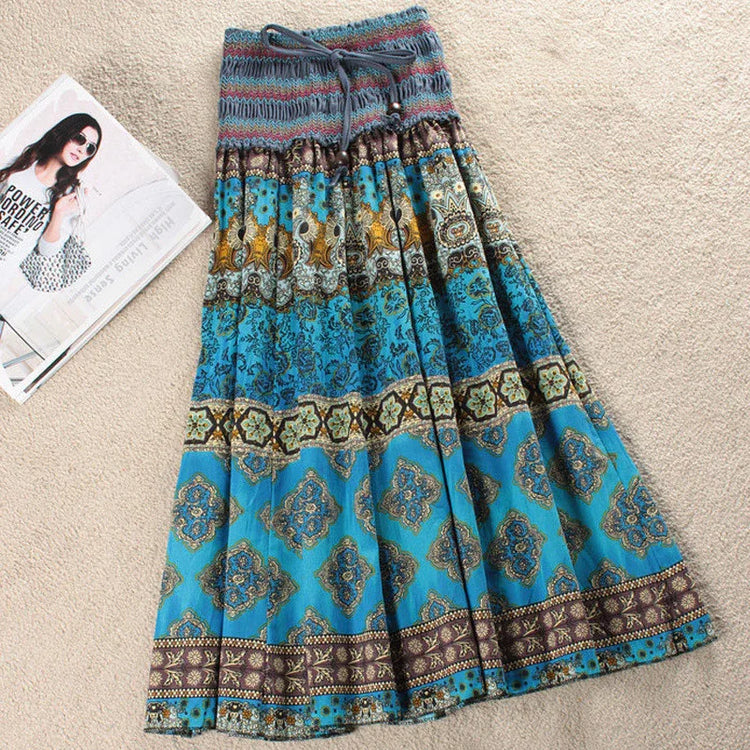 Bohemian blue maxi skirt with paisley and floral prints, lightweight flowy fabric, relaxed fit