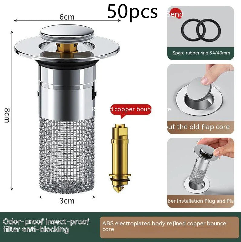 Stainless steel odor-proof sink filter with mesh anti-blocking design and copper core, spare rubber rings included.