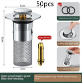 Stainless steel odor-proof sink filter with mesh anti-blocking design and copper core, spare rubber rings included.