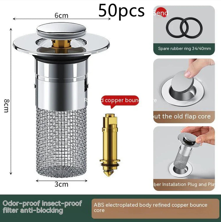 Stainless steel odor-proof sink filter with mesh anti-blocking design and copper core, spare rubber rings included.