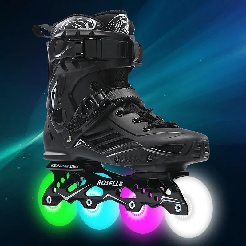 Black hard-shell inline skate with colorful LED light-up wheels, secure buckles, and athletic fit