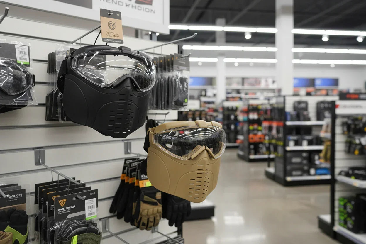 Black and tan tactical face masks with clear goggles, ventilated design, displayed in store