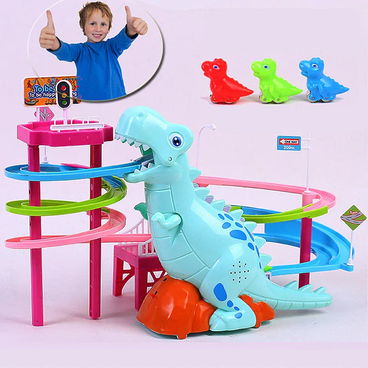 Colorful dinosaur playset with rolling tracks, plastic toy dinosaurs, and spiral ramps.