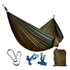 Olive green and brown nylon camping hammock with ropes, carabiners, and carry bag