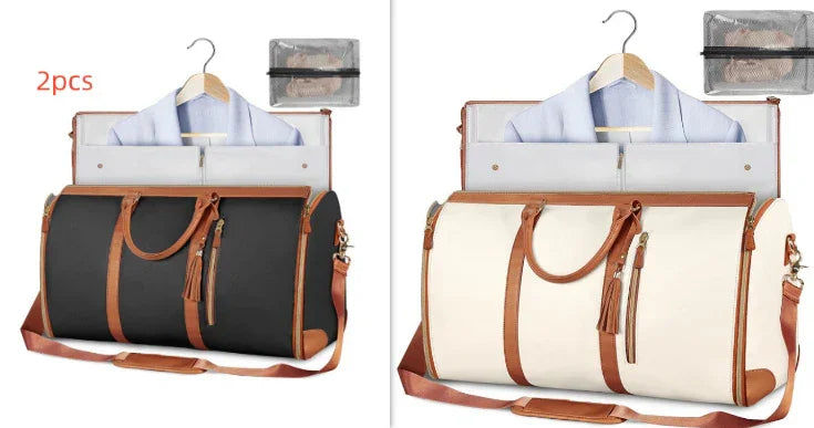 Two travel duffel bags, one black and one white with brown leather straps, each holding a folded shirt and suit, ideal for organized, stylish travel.