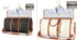 Two travel duffel bags, one black and one white with brown leather straps, each holding a folded shirt and suit, ideal for organized, stylish travel.