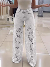 White wide-leg jeans with floral lace cutout design, high waist, relaxed fit, streetwear style