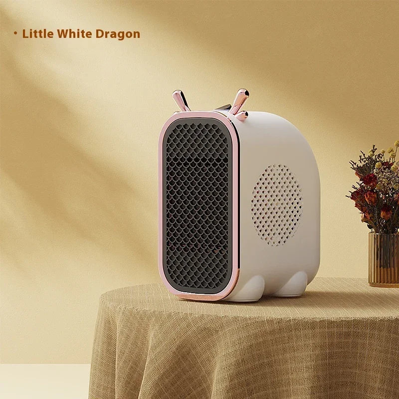 White and pink portable mini heater with honeycomb front grill, modern home decor