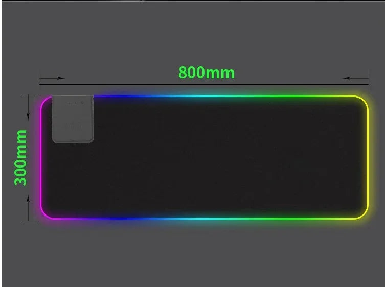 Large black RGB gaming mouse pad, 800mm by 300mm, with glowing neon edge.