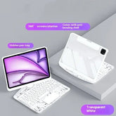 Transparent white tablet case with detachable keyboard, 360° rotation, and hidden pen tray