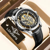 Men’s luxury skeleton watch with black leather strap, gold accents, and visible gears