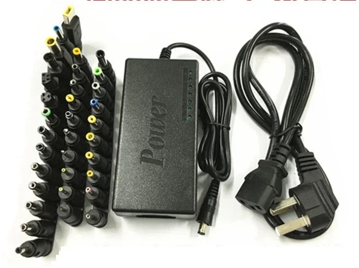 Universal black power adapter with multiple interchangeable plugs and detachable power cord