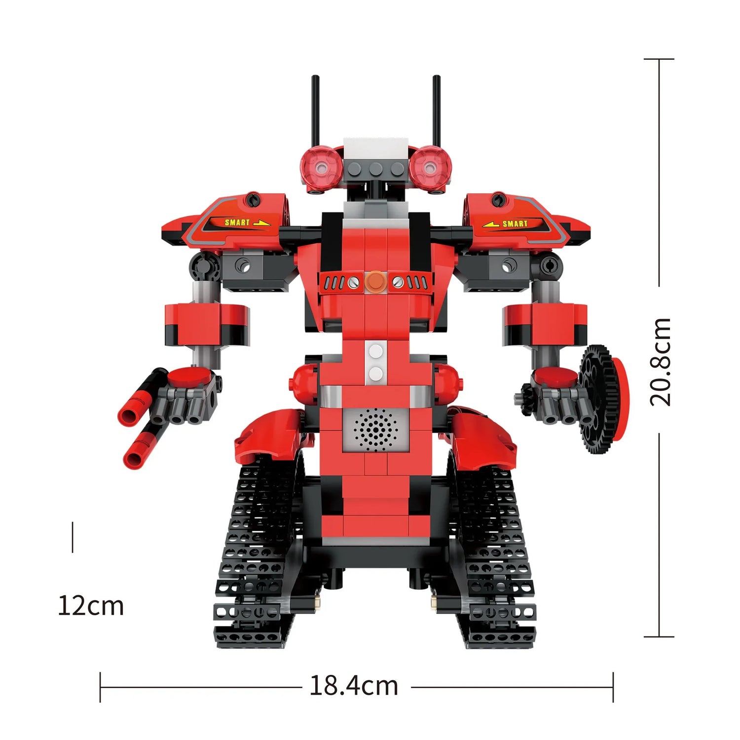 Red and black plastic robot toy with tank tracks, articulated arms, and measurement dimensions shown