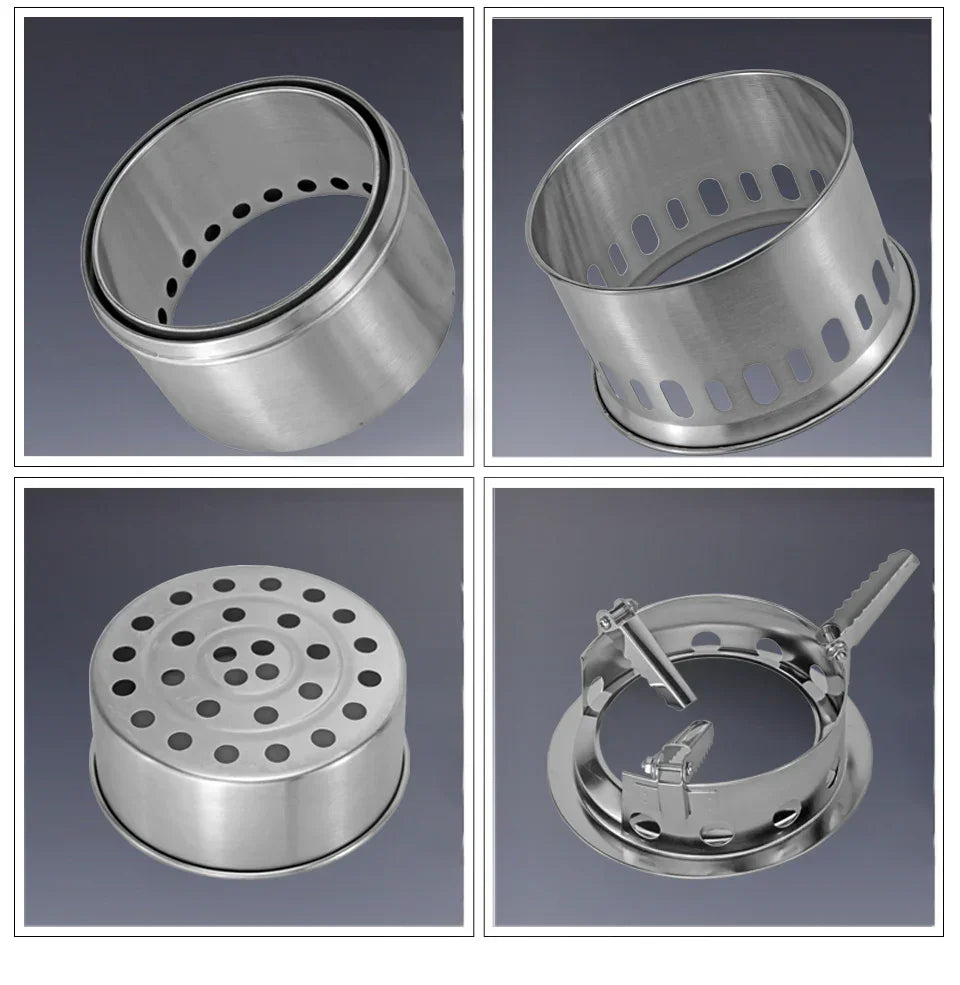 Four stainless steel stove or burner components with perforated cylindrical designs on a gray background.
