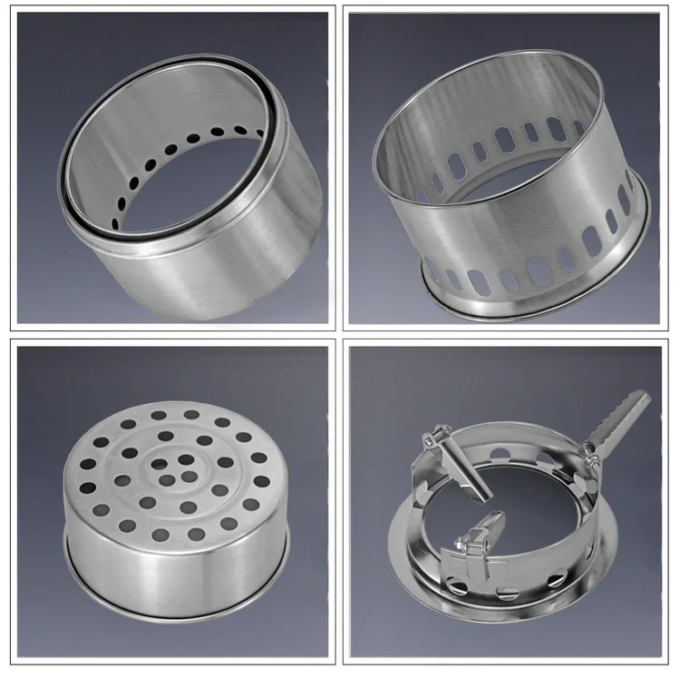 Four stainless steel stove or burner components with perforated cylindrical designs on a gray background.