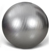 Silver exercise ball with smooth finish and subtle ribbed texture, fitness equipment