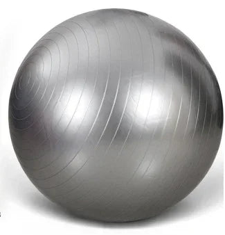 Silver exercise ball with smooth finish and subtle ribbed texture, fitness equipment