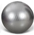 Silver exercise ball with smooth finish and subtle ribbed texture, fitness equipment