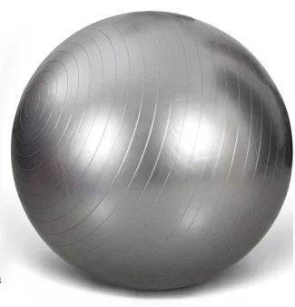 Silver exercise ball with smooth finish and subtle ribbed texture, fitness equipment