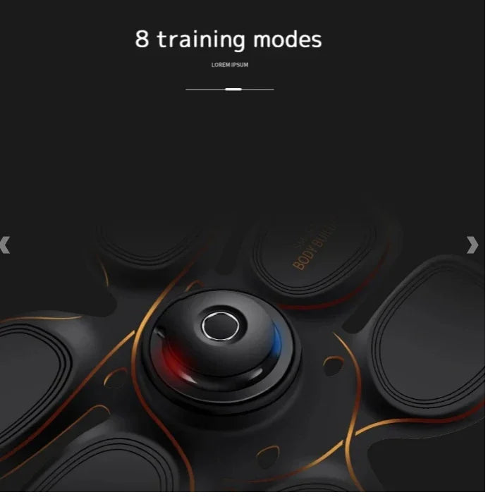 Black and gold wearable training device with 8 training modes, close-up on controls and pads.