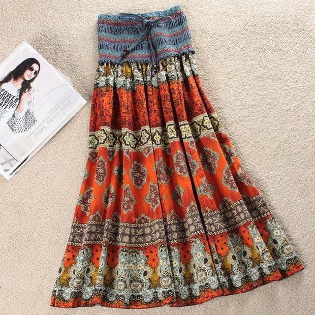 Bohemian maxi skirt with orange, blue, and yellow ethnic print, loose fit, lightweight fabric