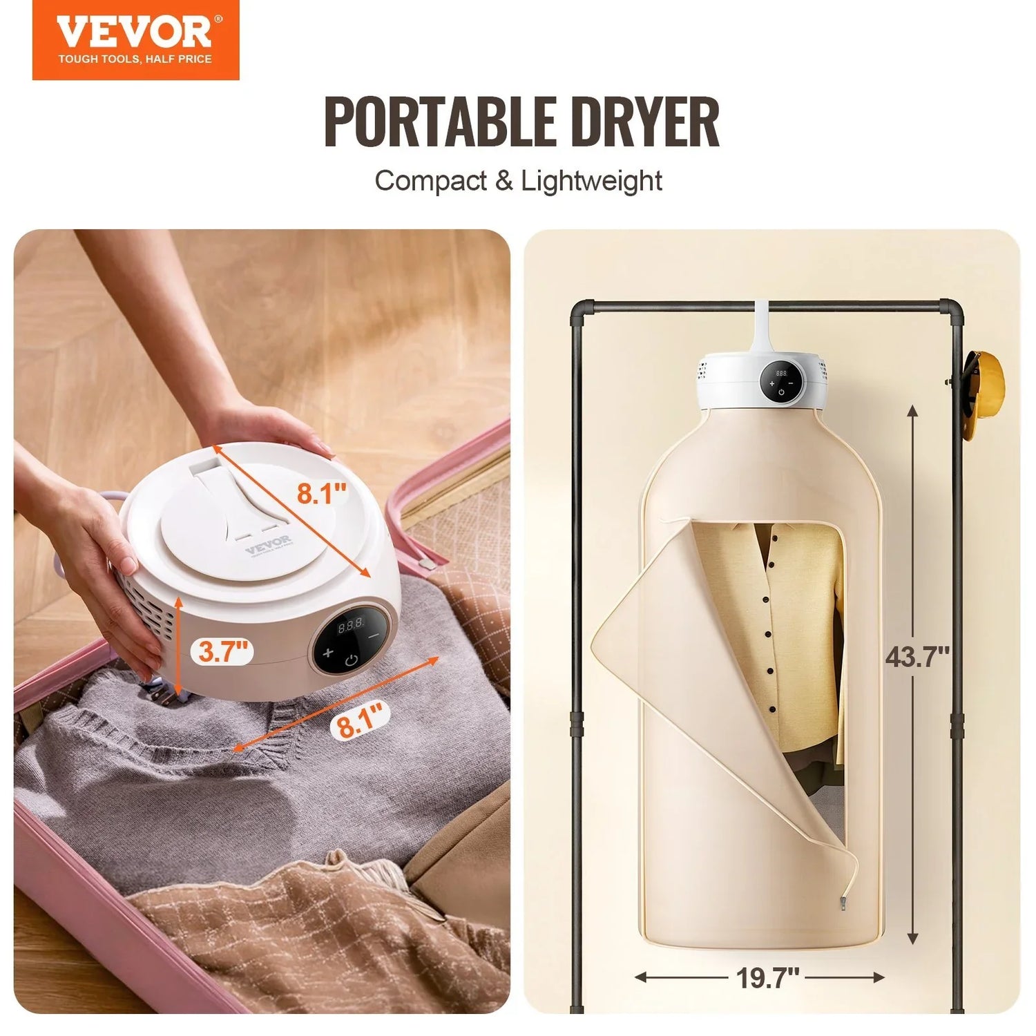 Compact portable dryer with beige fabric cover, modern touch controls, and travel-friendly size.