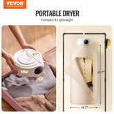 Compact portable dryer with beige fabric cover, modern touch controls, and travel-friendly size.