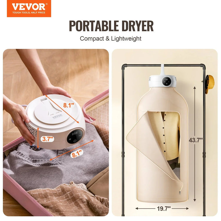 Compact portable dryer with beige fabric cover, modern touch controls, and travel-friendly size.