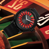Black leather strap watch with roulette wheel dial design, bold red and green accents