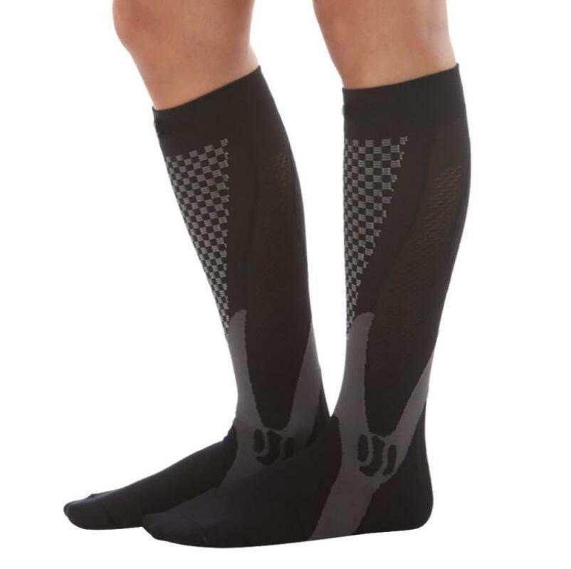 Black knee-high compression socks with gray accents and checkered pattern, close fit