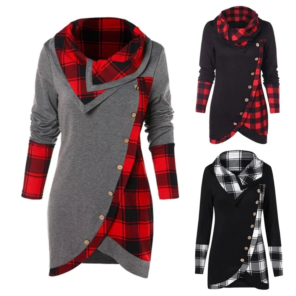 Women's long sleeve tunic tops with plaid accents, button detail, and asymmetric hem in gray, black, and red color combinations.