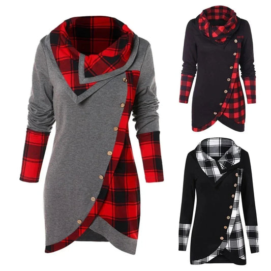 Women's long sleeve tunic tops with plaid accents, button detail, and asymmetric hem in gray, black, and red color combinations.