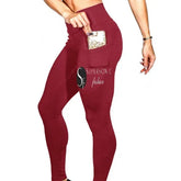 Wine red high-waisted leggings with pocket, slim fit, soft stretch fabric, sporty style
