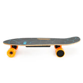 Modern electric skateboard with black geometric grip tape and bright orange wheels