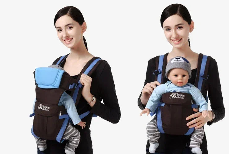 Woman wearing a black and blue baby carrier with adjustable straps, carrying a baby doll