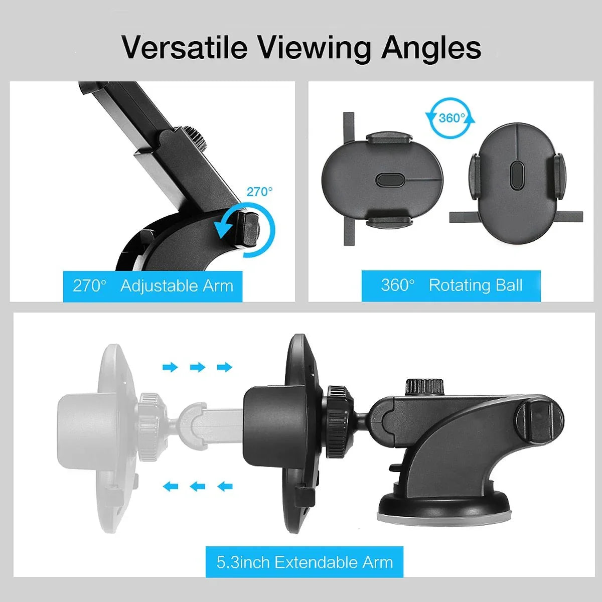 Black adjustable phone holder with 270° rotating arm and 360° rotating ball mount, extendable arm design.