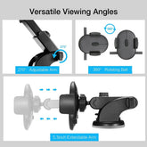 Black adjustable phone holder with 270° rotating arm and 360° rotating ball mount, extendable arm design.