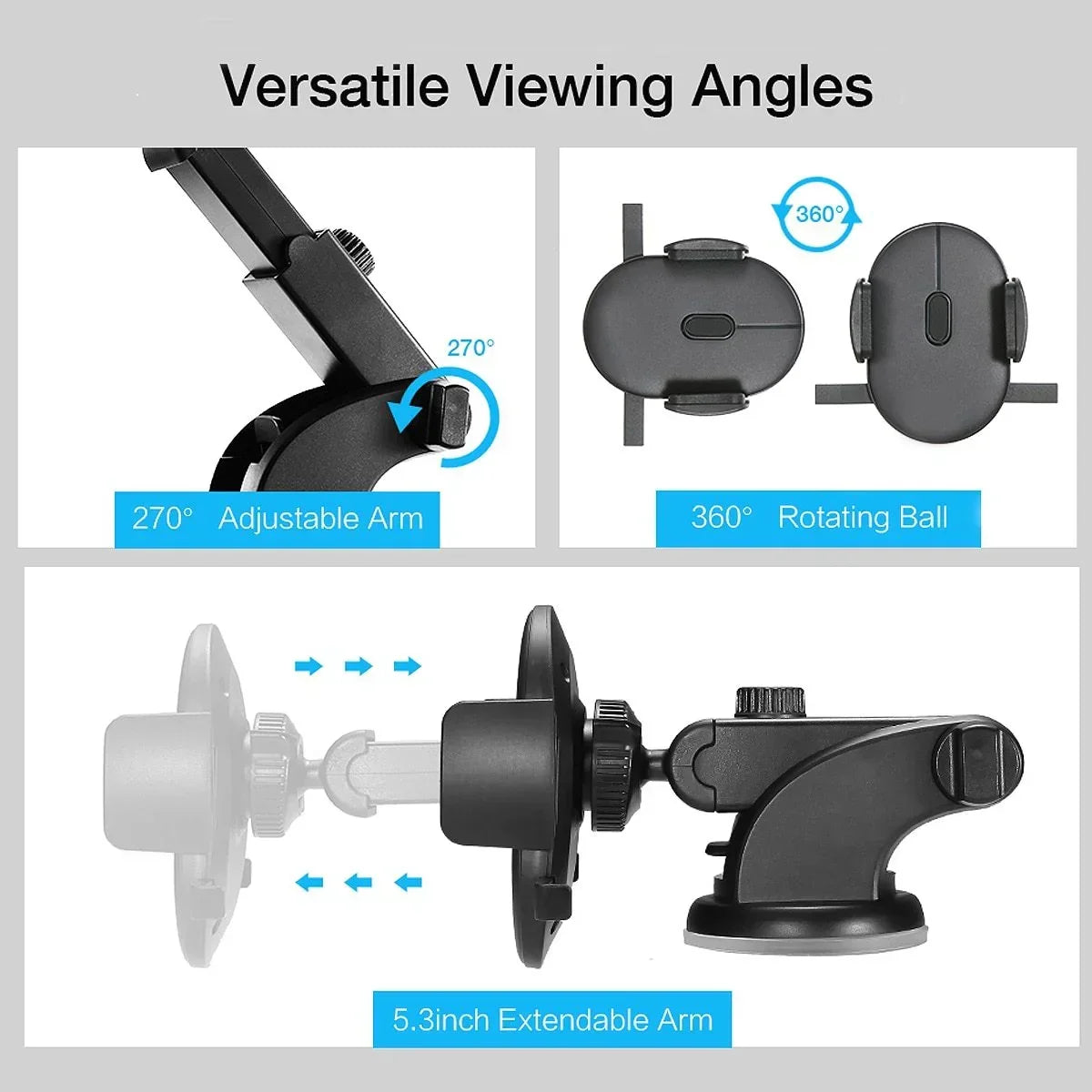 Black adjustable phone holder with 270° rotating arm and 360° rotating ball mount, extendable arm design.